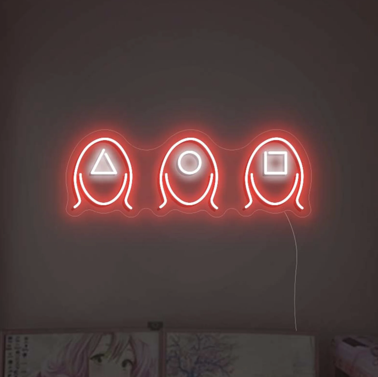Red neon outline of squid game guards with white neon shapes (triangle, circle, square)