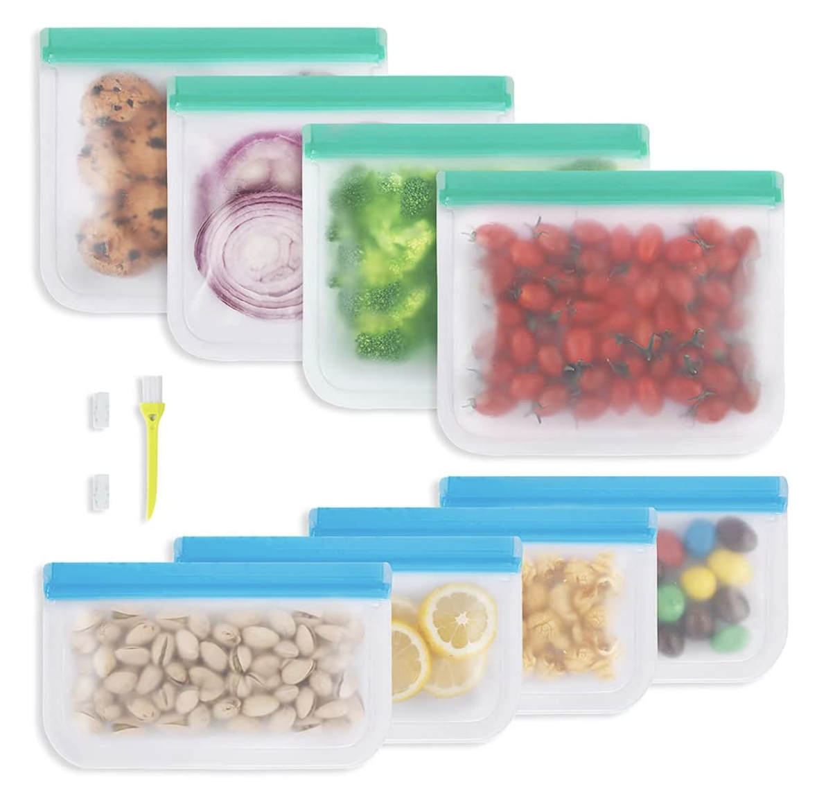 Set of 8 reusable sandwich and snack bags with different foods in each
