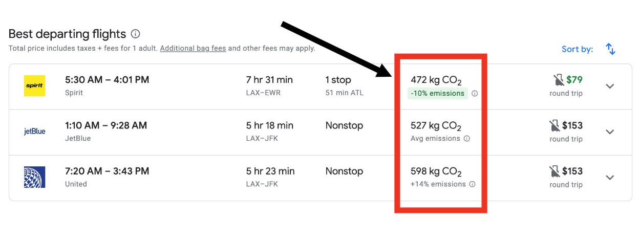 Google Flights showing CO2 emissions per flight