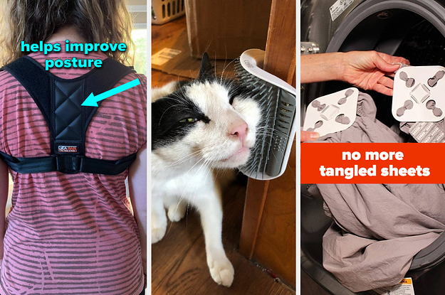 L: reviewer wearing back brace M: cat rubbing its face on a wall-mounted brush R: wad-free tabs on bed sheets to prevent them from tangling in the dryer