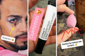 First image is a model with eye stickers on that look like lashes and lightning bolts, middle is a tube of eye primer, and last is of a tiny makeup sponge