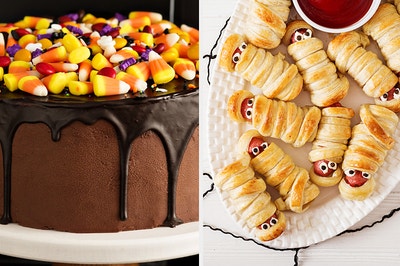 candy corn cake and spooky pigs in a blankety