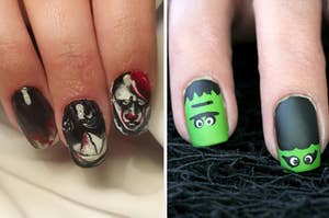 Two people are modeling their Halloween manicures
