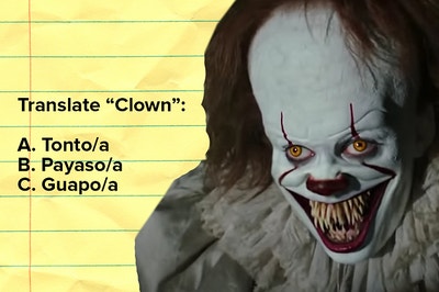 Pennywise next to the words "Translate clown" with the options "tonto," "payaso," and "guapo"