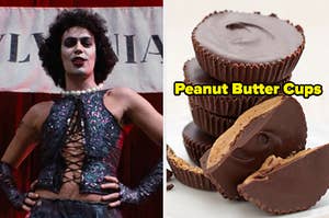 On the left, Dr. Frank-N-Furter from The Rocky Horror Picture Show, and on the right, some peanut butter cups