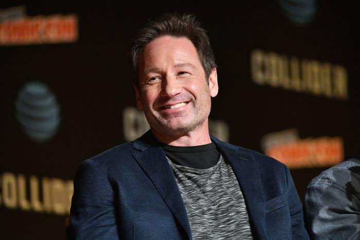 David Duchovny smiling at the X-Files panel during 2017 New York Comic Con, Day 4