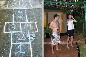 Left: A hopscotch court; Right: Two people playing Goon of Fortune