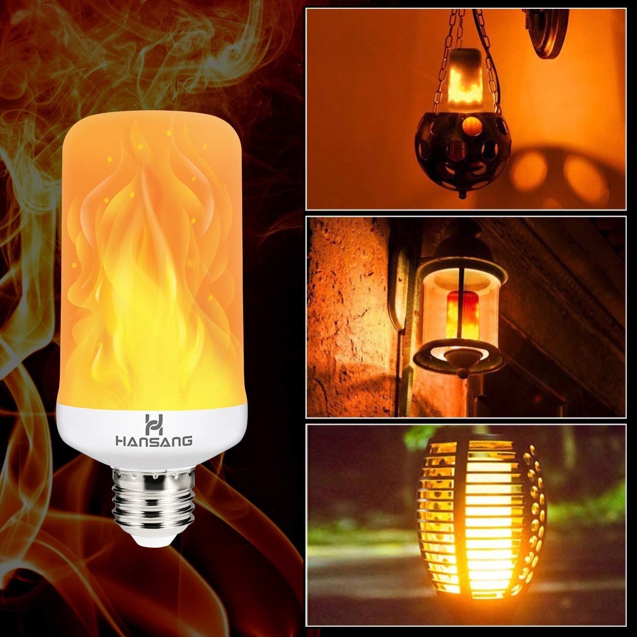 a lightbulb that simulates faux flames hung in a lantern