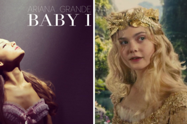 Ariana Grande looks up into a spotlight and a close up of Elle Fanning as Aurora aka Sleeping Beauty