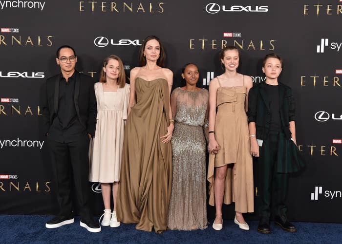 Angelina and five of her kids pose together on the red carpet of the Eternals premiere