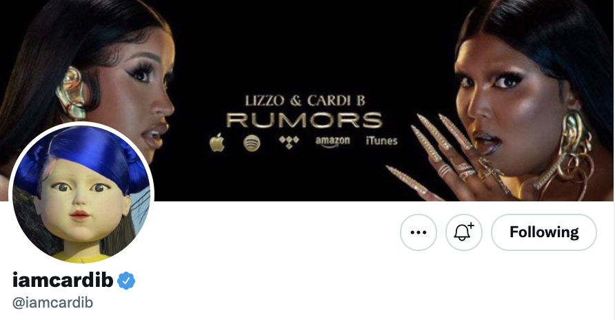 iamcardib&#x27;s Twitter profile photo (&quot;Red Light, Green Light&quot; doll, Young-hee) and header photo (&quot;Lizzo &amp; Cardi B Rumors&quot;)