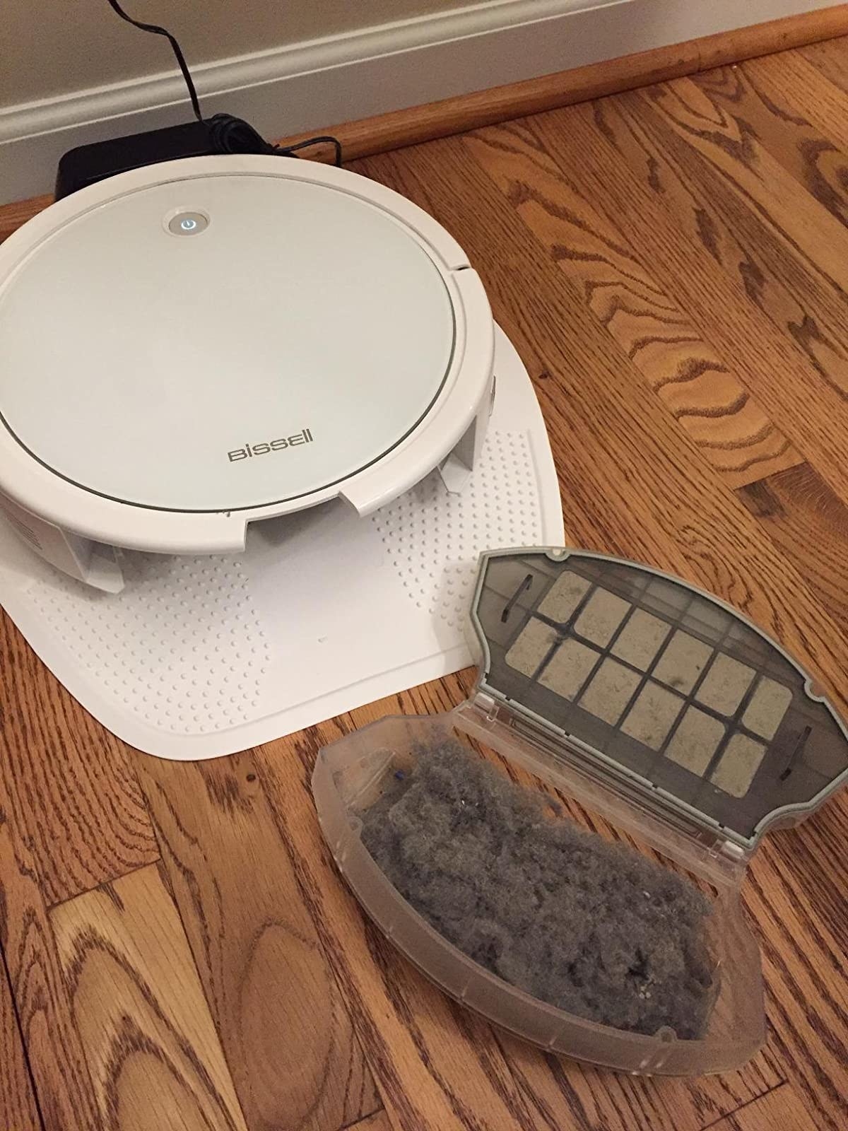 Reviewer image of white robot vacuum in charging dock next to filter filled with dust and hair