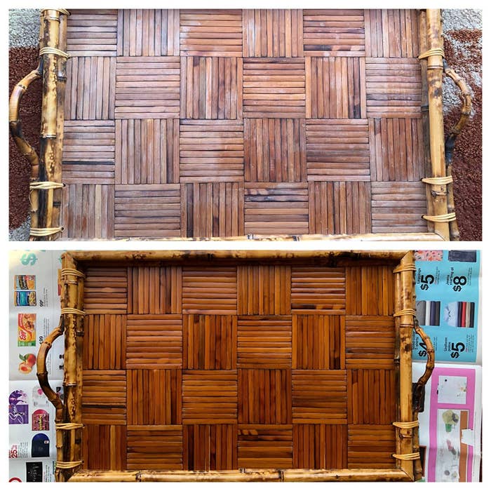 before and after reviewer images of a dull wooden tray becoming bright