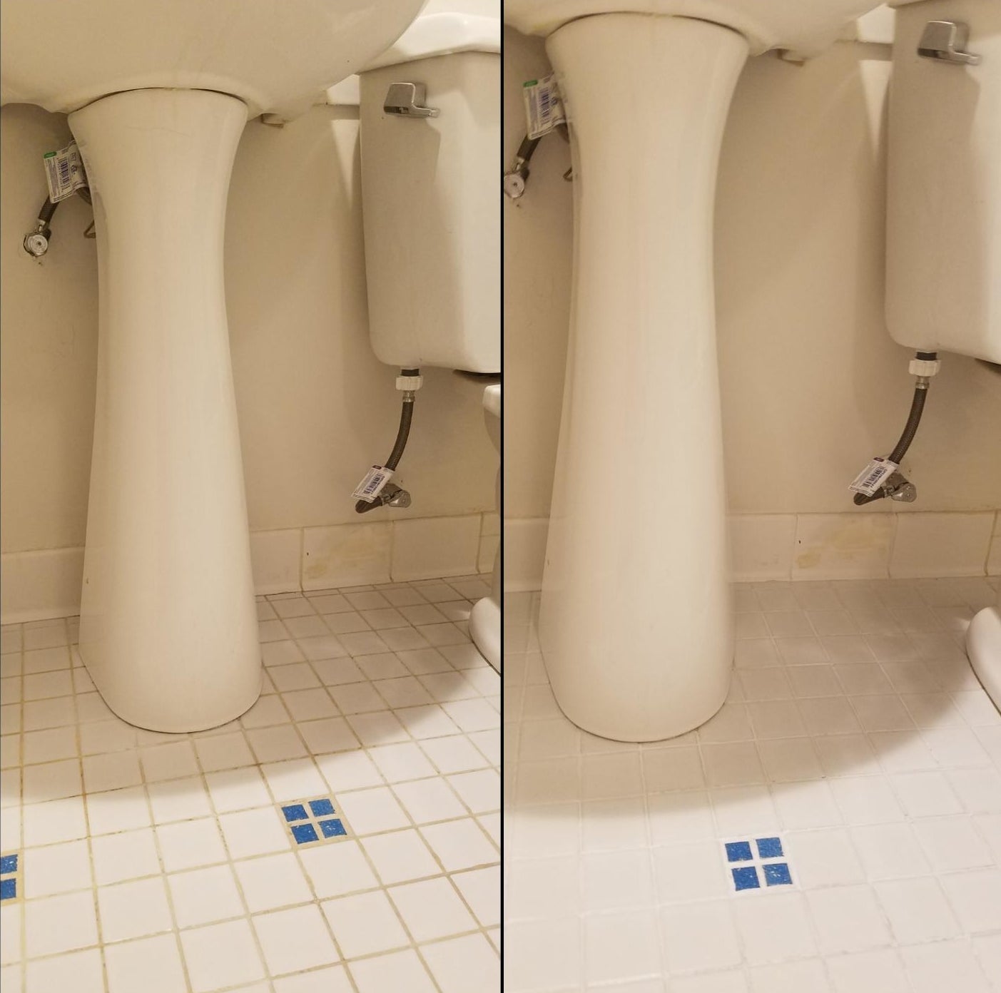 before and after reviewer images of brown and dirty bathroom floor grout becoming white and clean