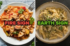 On the left, some farfalle with marinara sauce labeled fire sign, and on the right, some butter penne with parmesan labeled earth sign