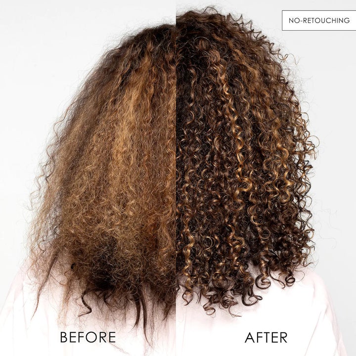 Before and after of person's curly hair using the mask