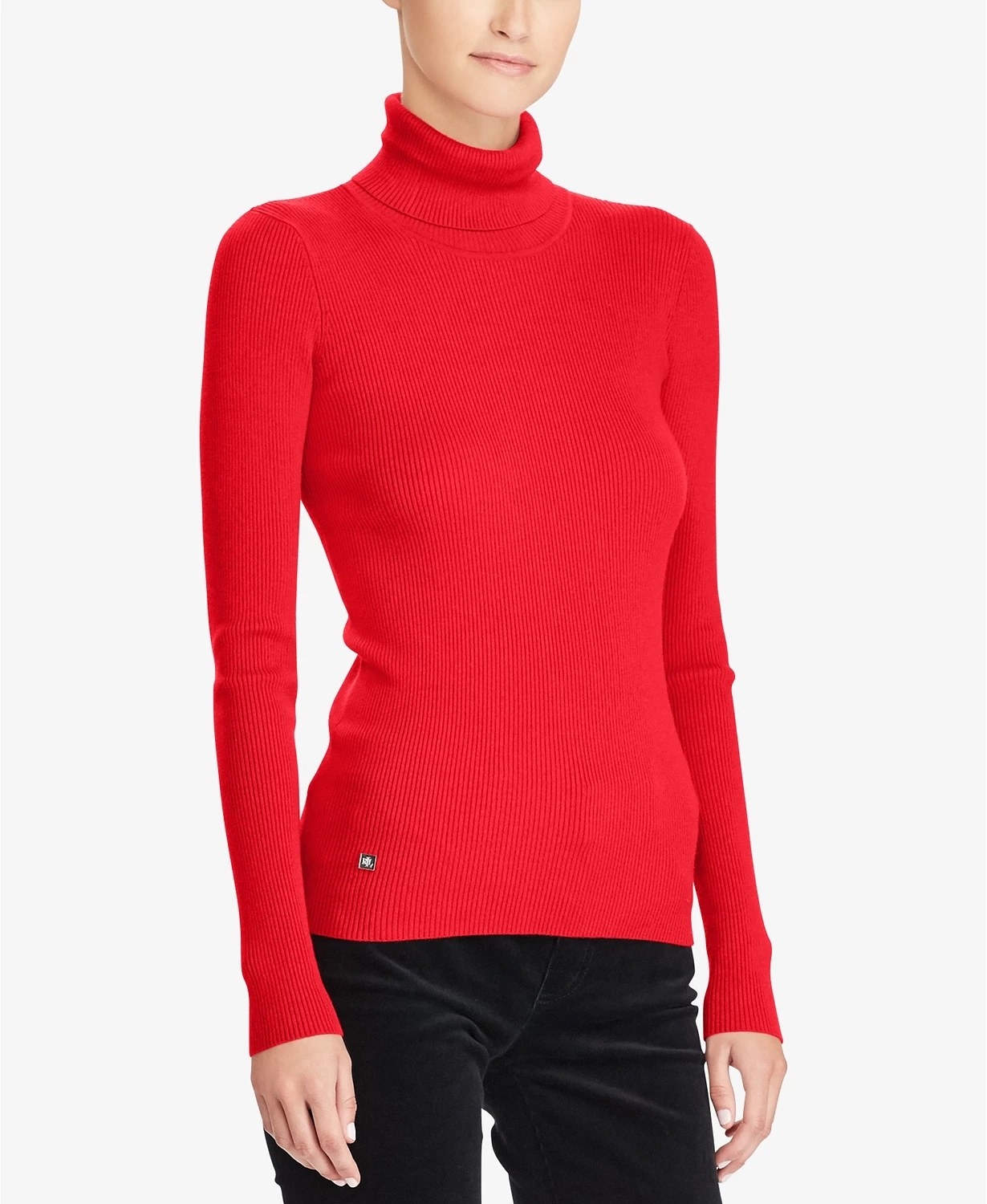 Model wearing red turtleneck with black bottoms