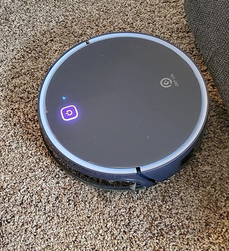 Reviewer image of blue robot vacuum charging moving on carpet