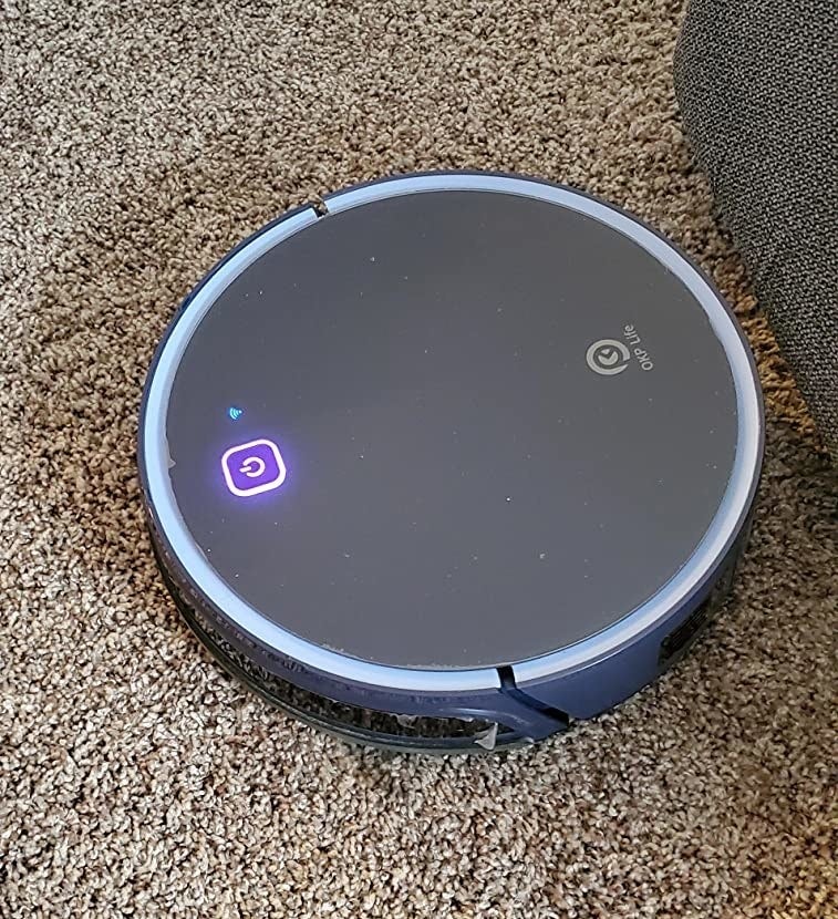 Reviewer image of blue robot vacuum charging moving on carpet