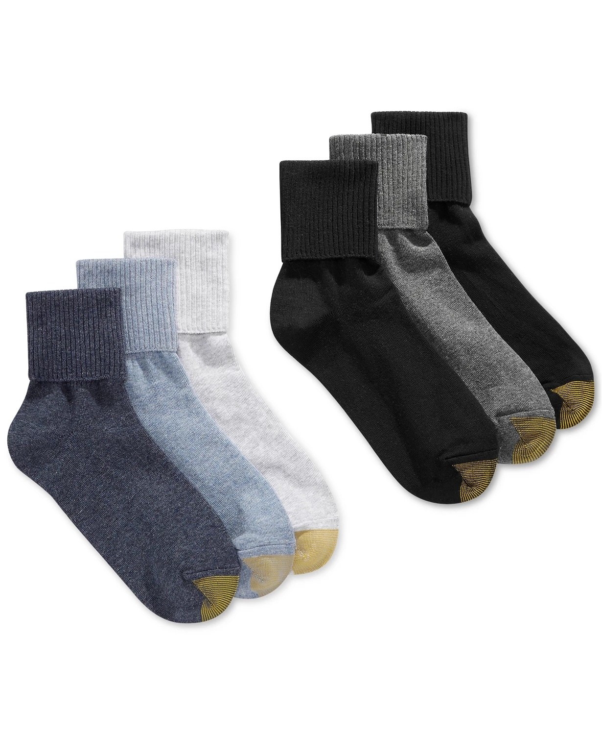 Six socks in  blue, light blue, white, black, gray and black