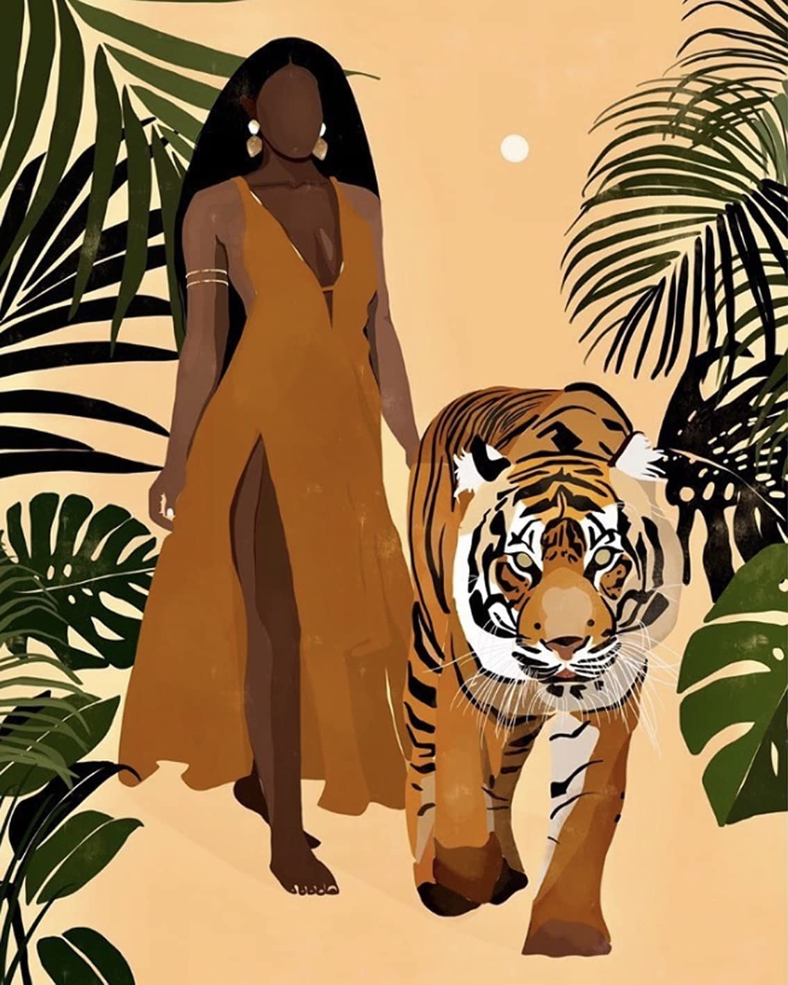 painting of woman walking beside a tiger with botanical details