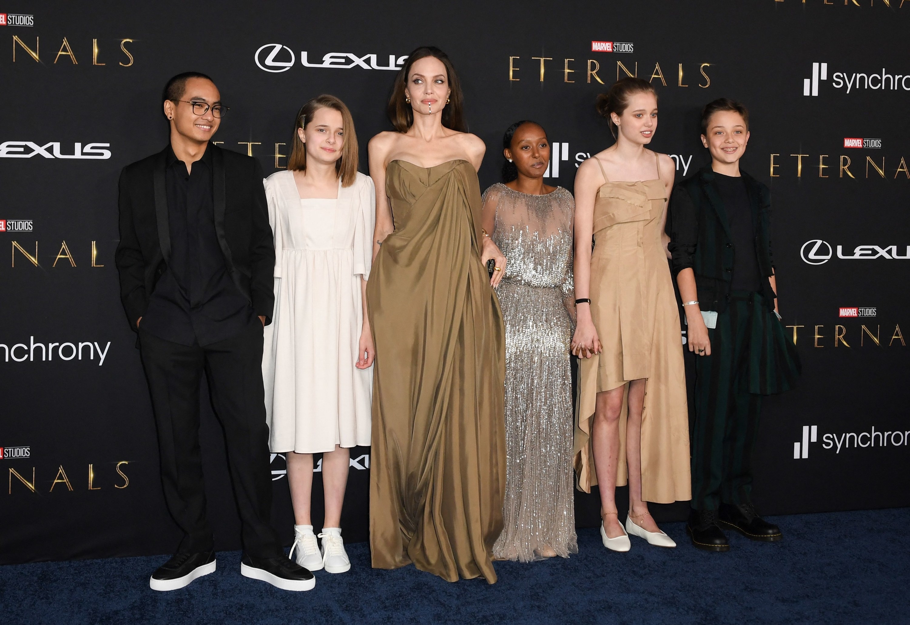 Angie and five of her kids on the Eternals red carpet