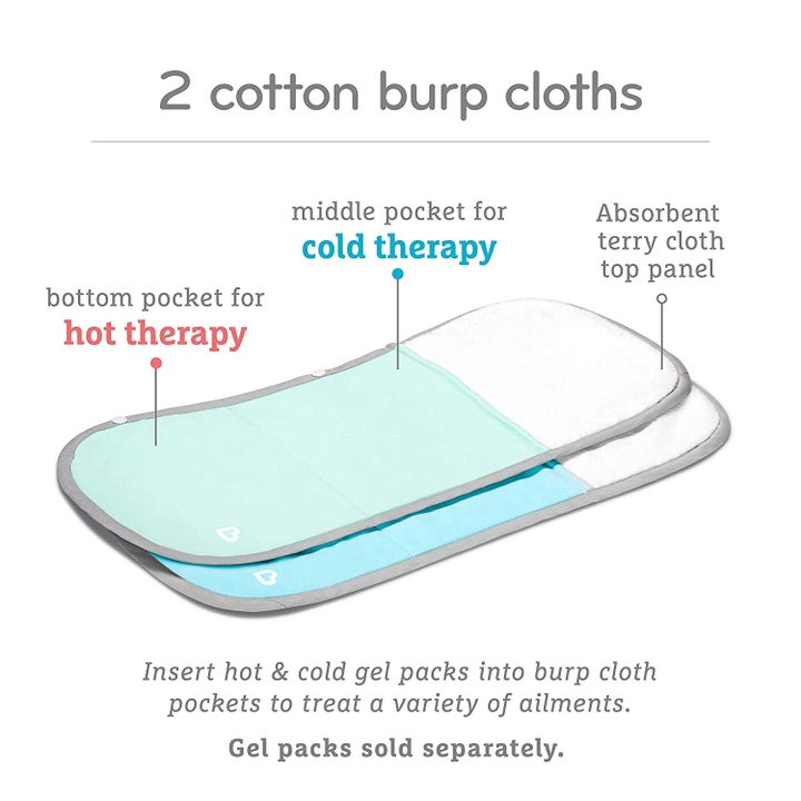 Two burp cloths with a bottom pocket for a hot pack and a middle picket for a cold pack