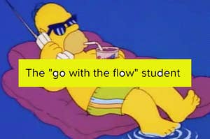 Homer Simpsons holds a cordless phone to his ear while drinking a soda and laying on a pool floatie