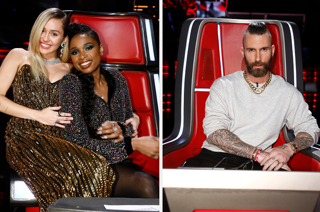Miley Cyrus is on the left hugging Jennifer Hudson with Adam Levine on the right in The Voice seats