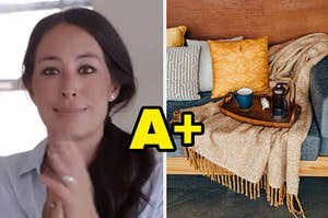 joanna gaines on the left and a couch covered in a blanket with pillows on the right 