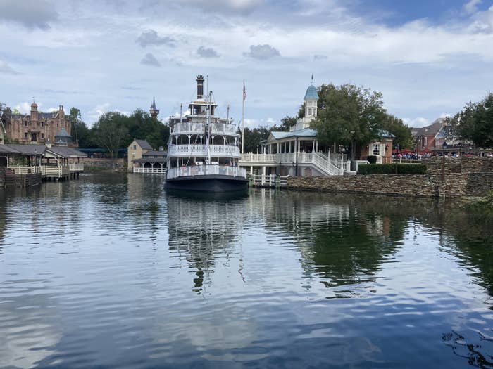 The Liberty Square Riverboat docked at the Magic Kingdom in Orlando, Florida