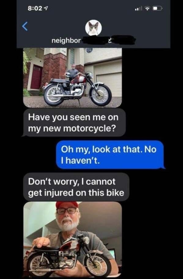 man playing a prank with a tiniy motorcycle