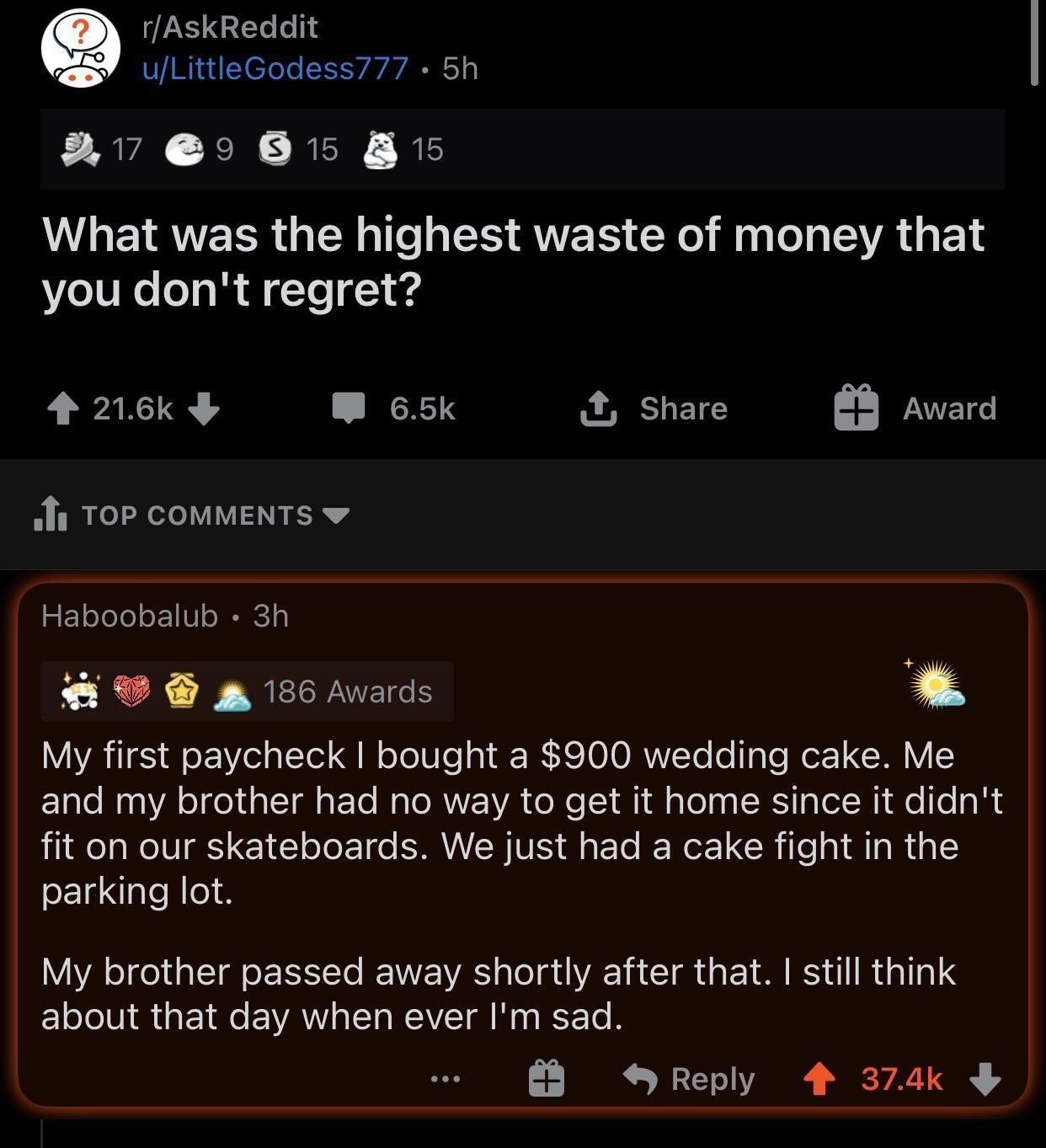 a person bought a $900 wedding cake and had a cake fight with his brother but he doesn&#x27;t regret it because his brother died shortly after