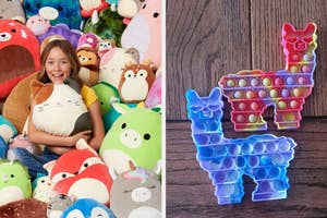 A child surrounded by various animal plush toys on the left; two llama-shaped pop-it fidgets on the right