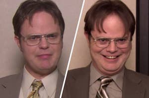 A close up of Dwight Schrute as he frowns and smiles evilly
