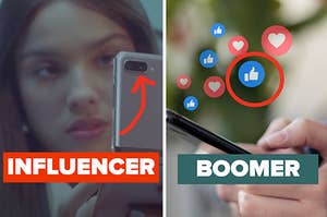 Olivia Rodrigo is on the left labeled, "influencer" with a man typing on Facebook labeled, "Boomer"