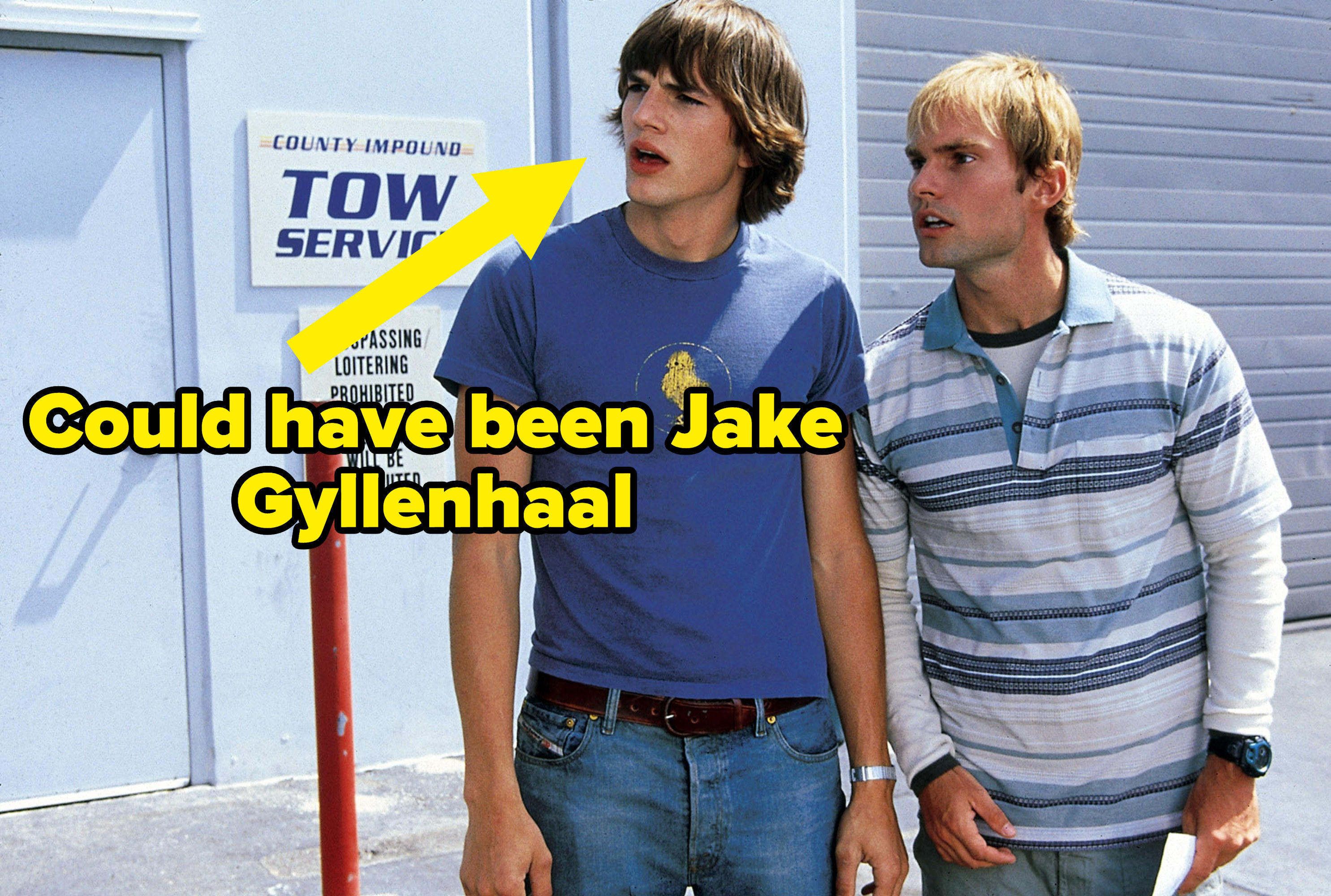 Arrow pointing to Ashton Kutcher in the film with the caption &quot;Could&#x27;ve been Jake Gyllenhaal&quot;