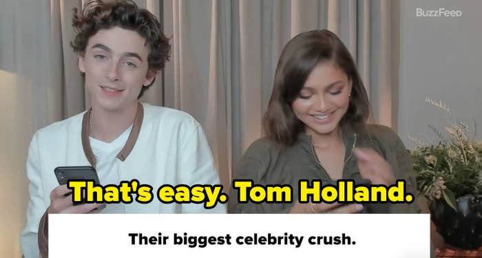 Timothée reads &quot;Biggest celebrity crush? That&#x27;s easy. Tom Holland&quot; as Zendaya laughs