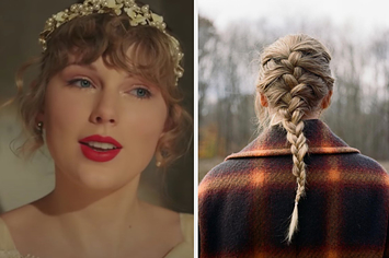 Taylor Swift in the "willow" music video next to an image of the "evermore" album cover