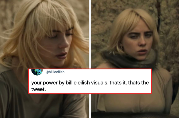 Billie Eilish in the music video for "Your Power" with a tweet that reads: "Your Power by Billie Eilish visuals; that's it; that's the tweet"