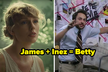 Taylor Swift in the "Cardigan" music video with the words "James + Inez = Betty" next to a meme of a man next to a wall of string and photos indicating bonkers conspiracy theory 