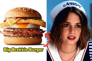 a Big Brekkie Burger on the left and robin from stranger things on the right