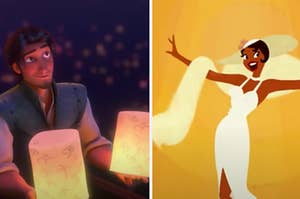 Flynn Rider is holding up lamps on the left with Tiana singing on the right