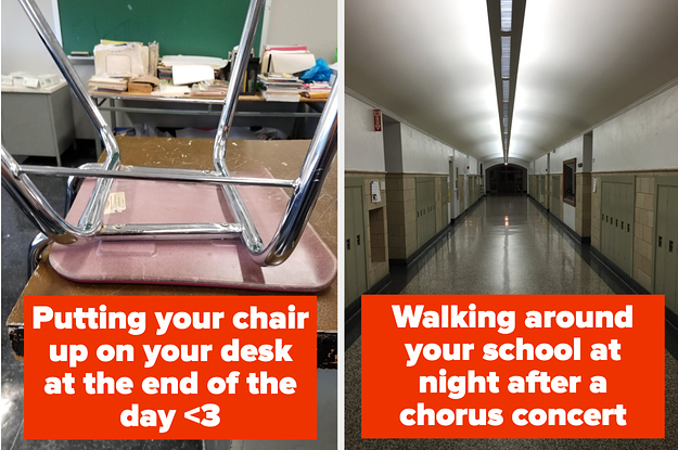A chair on a desk, and a school hallway at night