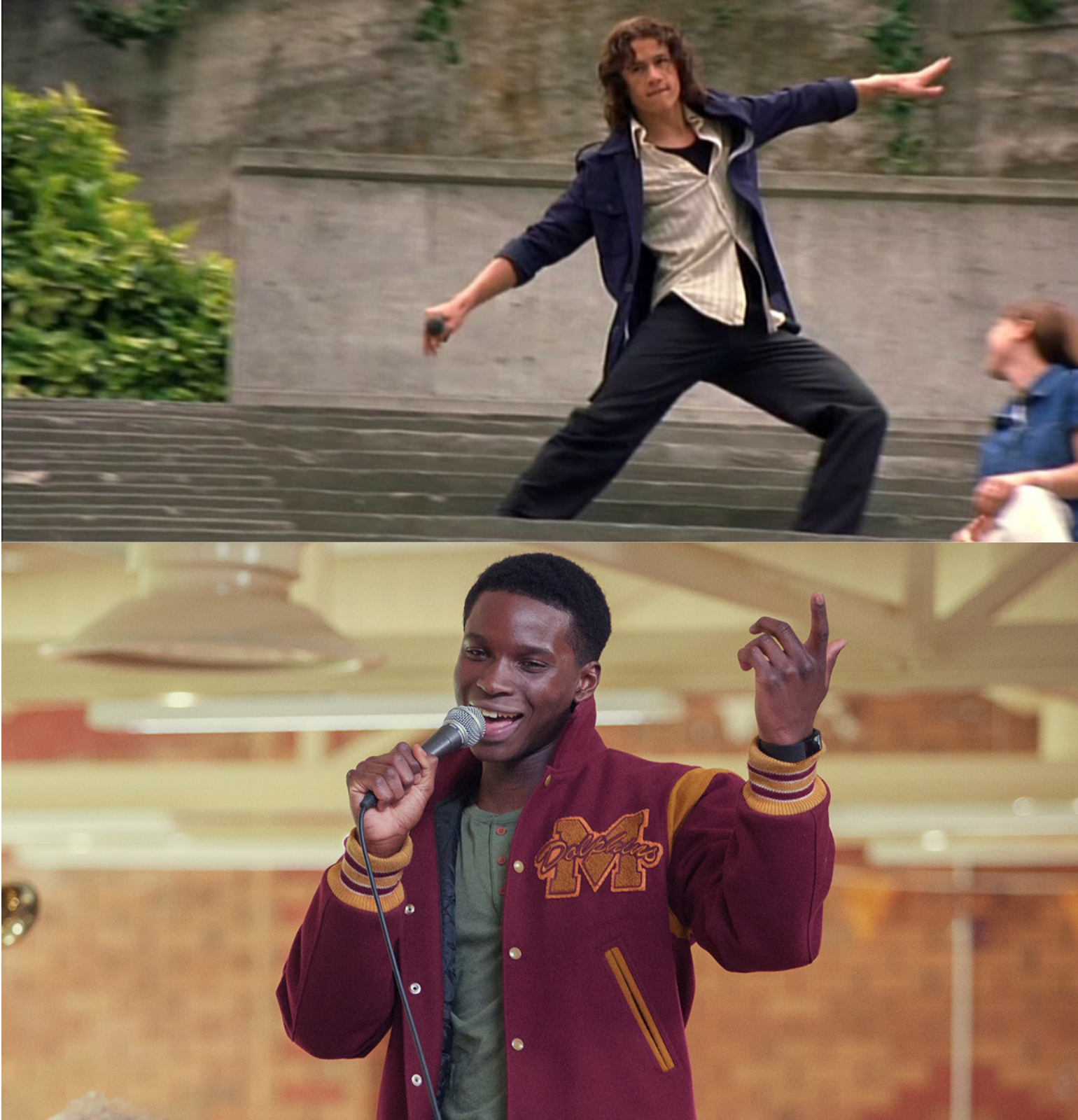 Upper Panel: Heath Ledger with a microphone dancing on the steps in 10 Things I Hate About You. Bottom Panel: Jackson from Sex Education wearing a sports jacket and singing with a microphone in hand.