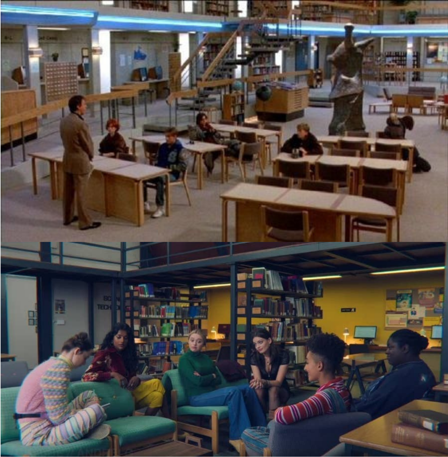 Upper panel: The cast of breakfast club in the library. Bottom Panel: The girls from Sex Education sitting in the library.