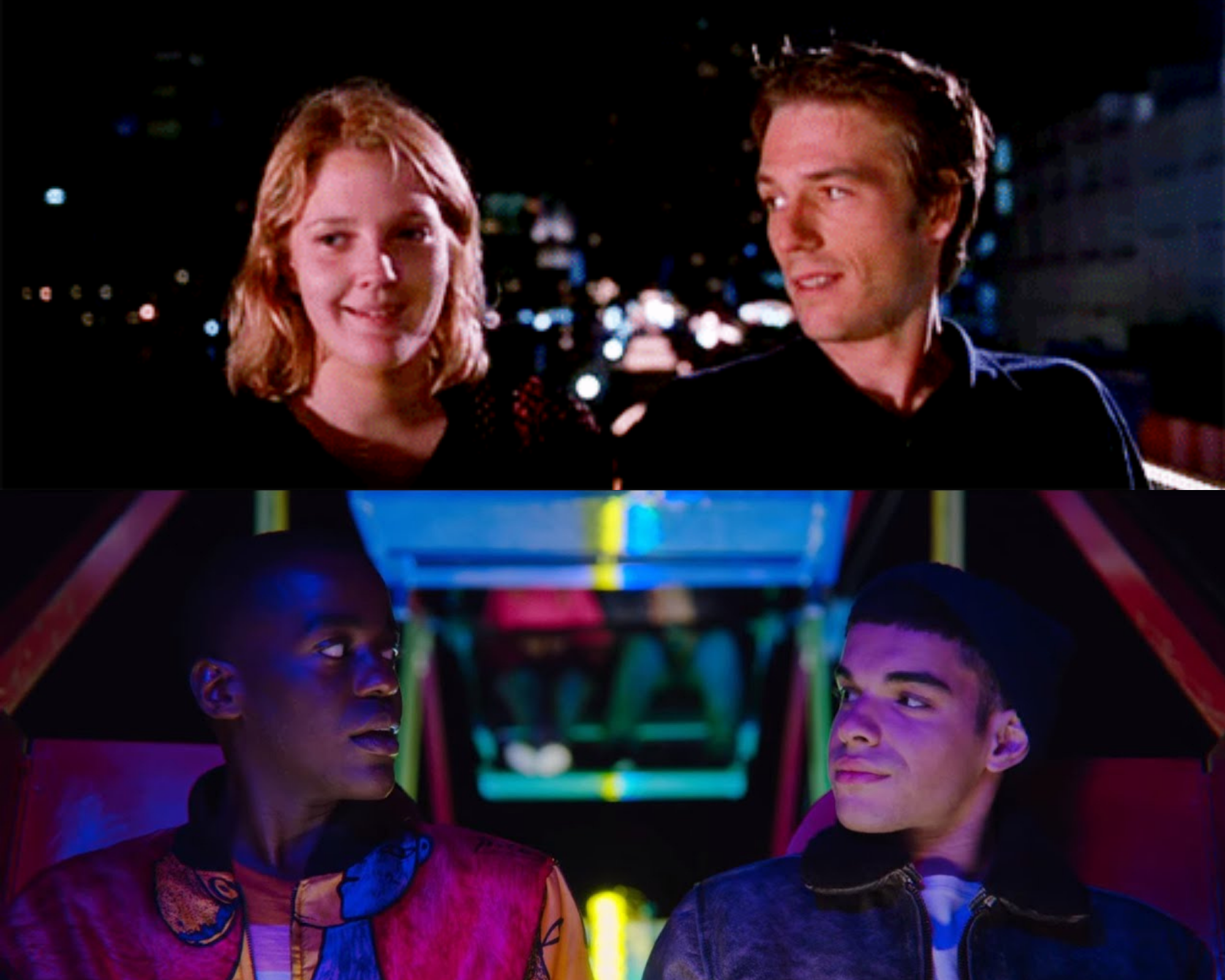 Upper Panel: Drew Barrymore and Michael Vartan&#x27;s character from &quot;Never Been Kissed&quot; sitting in a Ferris wheel. Bottom Panel: Adam and Rahim sitting in a Ferris wheel and looking at each other.