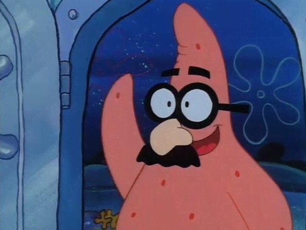 Patrick Star waves while wearing a fake mustache and glasses.