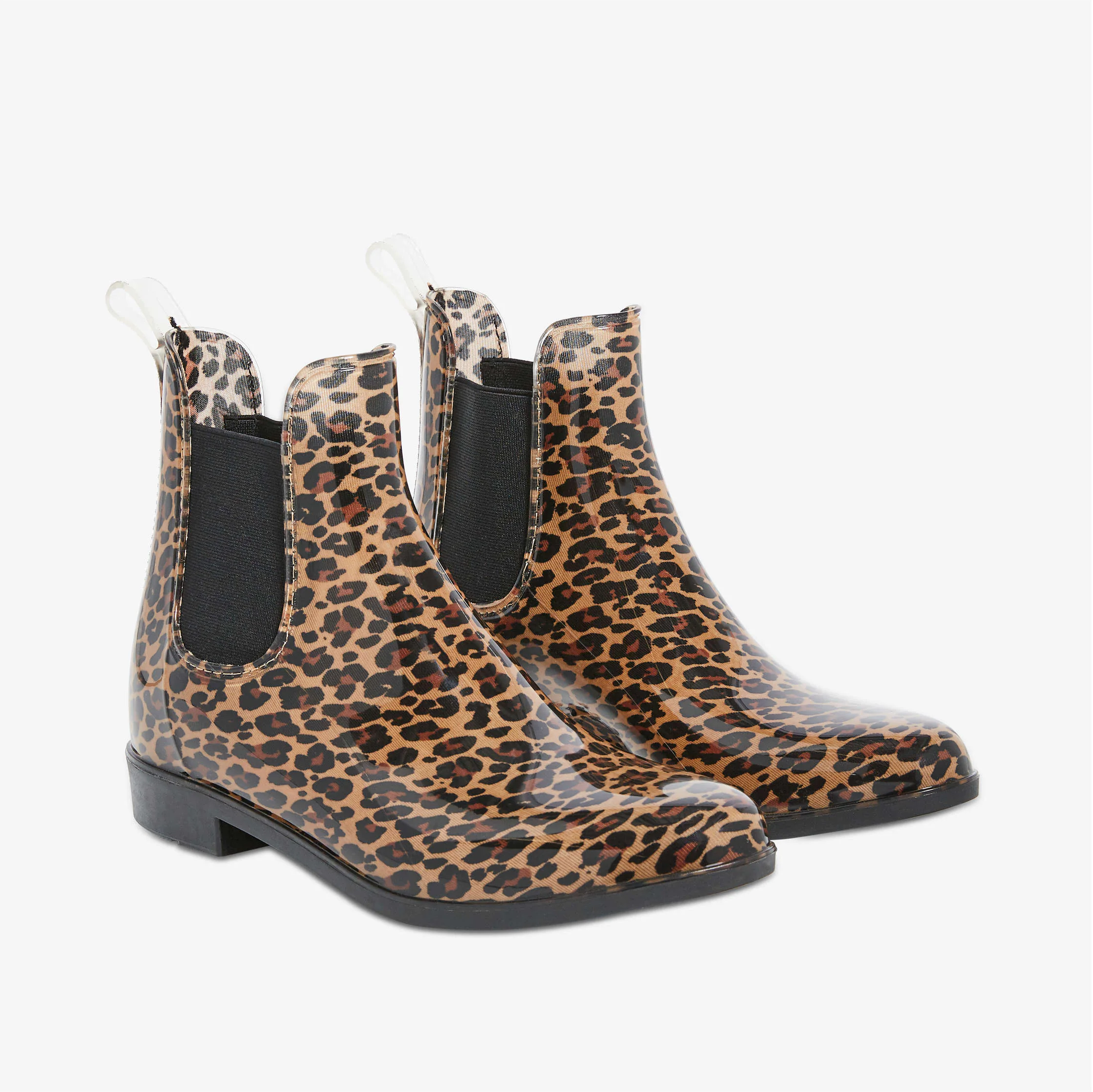 A pair of ankle-high rain boots with a leopard print