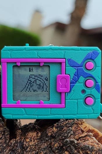 a digimon in teal and purple with a little person on the screen